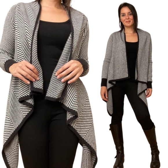 Merona Black and White Chevron Print Waterfall Cardigan, size Large - Picture 1 of 6